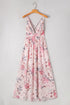 Pink Floral Pleated Bust Deep V Empire Waist Backless Maxi Dress
